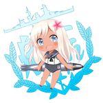  blonde_hair blue_eyes chibi crop_top crys_(dai) flower hair_flower hair_ornament highres kantai_collection long_hair one-piece_tan ro-500_(kantai_collection) sailor_collar school_swimsuit solo swimsuit swimsuit_under_clothes tan tanline torpedo 