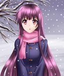 absurdres amami_hibiki bangs brown_eyes coat commentary_request duffel_coat highres long_hair nemesis_gx open_mouth outdoors pink_scarf re-kan! scarf snow snowing solo very_long_hair 