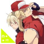  age_difference bad_id bad_pixiv_id baseball_cap blonde_hair blue_eyes fatal_fury father_and_son fingerless_gloves gloves hat jacket long_hair male_focus mark_of_the_wolves multiple_boys ponytail red_eyes rock_howard satowo snk tank_top terry_bogard the_king_of_fighters vest 