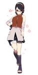  :/ black_eyes black_hair cosplay elbow_pads elbow_sleeve forehead_protector glasses gloves hand_on_hip haruno_sakura haruno_sakura_(cosplay) highres naruto naruto_(series) naruto_shippuuden nipye red-framed_eyewear shorts sleeveless_coat solo uchiha_sarada 