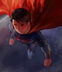  1boy blue_eyes bodysuit cape dc_comics flying kryptonian male_focus red_cape s_shield solo superman superman_(series) 