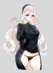  arms_behind_back black_panties cropped_legs crotchless_pants curly_hair female_my_unit_(fire_emblem_if) fire_emblem fire_emblem_if hair_between_eyes hairband highres juliet_sleeves long_hair long_sleeves my_unit_(fire_emblem_if) negiwo panties pointy_ears puffy_sleeves red_eyes sketch smile solo twitter_username underwear white_hair 
