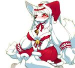  :&lt; animal_ears bell between_breasts bikini_top blush breasts christmas cleavage furry gift gift_between_breasts hat jingle_bell kishibe large_breasts long_hair midriff original red_eyes santa_costume santa_hat sitting skirt solo tail very_long_hair white_hair wolf_ears 