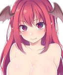  asa_(coco) bangs blush breasts cleavage collarbone duplicate eyebrows eyebrows_visible_through_hair fang fang_out head_wings koakuma large_breasts long_hair looking_at_viewer nude out-of-frame_censoring pointy_ears red_eyes red_hair sidelocks simple_background solo touhou upper_body white_background 