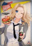  2016 ;d america american_flag blonde_hair blue_eyes blush breasts coca-cola commentary_request dated english food girls_und_panzer glass_bottle hamburger highres ibara_azuki kay_(girls_und_panzer) large_breasts lettuce nail_polish necktie one_eye_closed open_mouth pickle saunders_school_uniform smile solo teeth tomato 