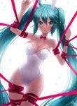  animal_ears ankkoyom aqua_eyes aqua_hair blush bound bound_arms bound_legs breasts bunny_ears bunny_girl bunnysuit cleavage collar covered_navel dutch_angle hatsune_miku highres large_breasts leotard long_hair looking_at_viewer parted_lips ribbon solo twintails very_long_hair vocaloid 
