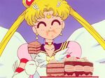  1girl 90s animated animated_gif bishoujo_senshi_sailor_moon bishoujo_senshi_sailor_moon_sailor_stars blonde_hair cake choker eating eternal_sailor_moon eyes_closed food fork hair_ornament long_hair magical_girl purple_background sailor_moon simple_background solo tsukino_usagi twintails wings 