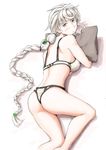  alternate_costume ass asymmetrical_hair bare_shoulders bikini blush braid embarrassed from_behind highres kantai_collection long_hair looking_at_viewer lying midriff object_hug on_stomach pillow pillow_hug silver_hair single_braid solo swimsuit thighs unryuu_(kantai_collection) vent_arbre very_long_hair white_bikini yellow_eyes 