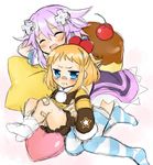  bandaid bandaid_on_knee bandaid_on_leg bandaid_on_nose blonde_hair blush cherry d-pad d-pad_hair_ornament food fruit hair_ornament hekikuu_(kanaderuyume) multiple_girls neptune_(choujigen_game_neptune) neptune_(series) pillow pish pudding purple_hair short_hair sketch striped striped_legwear 