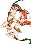  :d absurdres animal_print arm_up armpits bare_legs bare_shoulders barefoot blush brown_eyes brown_hair closed_eyes flower futami_mami hair_flower hair_ornament highres idolmaster idolmaster_(classic) idolmaster_million_live! leopard_print long_hair mercy_rabbit multiple_girls navel one_eye_closed one_side_up oogami_tamaki open_mouth orange_hair side_ponytail simple_background sketch skirt smile strapless tubetop white_background 