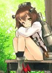  ankle_boots artist_name backpack bag bangs bare_legs binoculars black_legwear blush boots brown_eyes brown_hair bush closed_mouth crossed_arms desk grey_footwear head_tilt headgear highres kantai_collection knees_up long_sleeves looking_at_viewer machinery outdoors plant school_uniform serafuku short_hair smile socks solo sonjow4 table tareme thighs tree under_tree wooden_table yukikaze_(kantai_collection) 