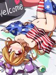  american_flag american_flag_legwear bed_sheet blonde_hair blush closed_mouth clownpiece english fairy_wings hat hemogurobin_a1c jester_cap long_hair looking_at_viewer lying navel no_panties on_back pantyhose pantyhose_pull pillow polka_dot red_eyes solo star star_print striped striped_legwear topless touhou very_long_hair wavy_mouth wings 