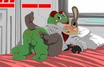  amphibian anthro anus backsack balls blush butt clothing digital_media_(artwork) duo fur humanoid_penis lagomorph looking_at_viewer looking_back male mammal nintendo open_mouth penis peppy_hare rabbit redemption3445 slippy_toad star_fox video_games 