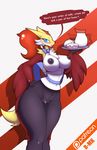  anthro areola big_breasts blush bow breasts canine chest_tuft clitoris clothed clothing delphox english_text female food fox hand_on_hip inner_ear_fluff lips looking_at_viewer mammal milk navel nintendo nipples nude partially_clothed pok&eacute;mon pussy r-mk smile solo text thick_thighs tuft video_games voluptuous waiter 