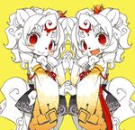  animal_ears curly_hair detached_sleeves fang flower furry hair_flower hair_ornament holding_hands japanese_clothes kimono kishibe long_hair looking_at_viewer multiple_girls open_mouth original red_eyes sketch smile tail white_hair wolf_ears yukata 