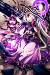  bare_shoulders blonde_hair breasts column debris dress gloves gradient_hair hair_over_one_eye hand_on_own_face hat hat_ribbon highres lantern long_hair multicolored_hair open_mouth pandora_(p&amp;d) pikomarie pillar purple_dress purple_gloves puzzle_&amp;_dragons red_eyes ribbon silver_hair sitting small_breasts solo treasure_chest very_long_hair 