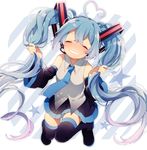  39 ahoge black_footwear black_legwear blue_hair boots closed_eyes detached_sleeves grin hair_tousle hatsune_miku headset heart_ahoge komadori_ui long_hair necktie skirt smile solo striped striped_background thigh_boots thighhighs twintails very_long_hair vocaloid zettai_ryouiki 