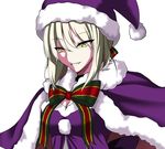  &gt;:) artoria_pendragon_(all) blonde_hair breasts cape cleavage fate/grand_order fate_(series) fur-trimmed_cape fur_trim hat highres medium_breasts purple_santa_costume santa_alter santa_costume santa_hat smile solo syuya_(syuyananaki) teeth v-shaped_eyebrows white_background yellow_eyes 