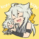  ^_^ bow chibi closed_eyes dual_persona fangs fox_shadow_puppet hair_bow japanese_clothes jida kogitsunemaru male_focus miniboy multiple_boys open_mouth smile touken_ranbu white_hair 