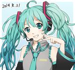  bad_id bad_pixiv_id blush dated detached_sleeves green_eyes green_hair hako_(salaki) hatsune_miku long_hair looking_at_viewer necktie smile solo twintails vocaloid 
