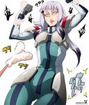  !? 1girl ? arai_nobu ass_visible_through_thighs bad_id bad_pixiv_id bangs black_hair blunt_bangs carta_issue cat_teaser dated eyebrows eyeliner grey_hair gundam gundam_tekketsu_no_orphans lipstick long_hair makeup multicolored_hair pilot_suit ponytail restrained sidelocks solo_focus spoken_exclamation_mark spoken_question_mark sweat two-tone_hair 