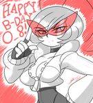  antennae bad_id bad_tumblr_id bigdead93 black_torch breasts choker cleavage fallout_(black_torch) fingerless_gloves frown gloves happy_birthday highres jacket kamina_shades large_breasts salute short_hair slender_waist solo very_short_hair 
