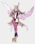  absurdres bad_id bad_pixiv_id blonde_hair breasts claws cleavage duel_monster full_body harpie_girl heart highres long_hair maruchi medium_breasts purple_eyes solo underboob wings yuu-gi-ou 