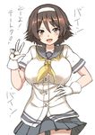  :d absurdres alternate_breast_size ass ass_visible_through_thighs blush breasts brown_eyes brown_hair buttons commentary_request gloves grey_skirt hair_between_eyes hair_ornament hairband hand_on_hip highres kantai_collection large_breasts looking_at_viewer nagisa_otoha open_mouth pleated_skirt school_uniform serafuku short_hair short_sleeves simple_background skirt smile solo tanikaze_(kantai_collection) thigh_gap thighs translated v white_background white_gloves wind wind_lift 