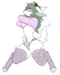  2016 animal_genitalia animal_penis blue_eyes blush canine canine_penis ciel_(wataameron) clothed clothing clothing_lift crouching digitigrade erection fur girly green_eyes green_hair green_penis hair kneeling knot legwear long_hair male mammal noremaataw panties penis poking_out shirt shirt_lift simple_background solo stockings thick_thighs thigh_highs underwear undressing white_background white_fur wolf 