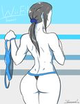  1girl artist_name ass black_hair facing_away female from_behind nintendo panties ponytail solo topless undressing white_skin wii_fit wii_fit_trainer zeromomentai 