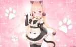  animal_ears apron bell blonde_hair blush catgirl headdress long_hair maid pink red_eyes signed sunkazer tail thighhighs twintails waitress watermark xiaoyuan you_can_eat_the_girl zoom_layer 