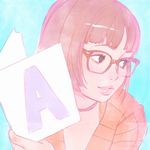  a bangs blue_background blunt_bangs brown-framed_eyewear brown_eyes closed_mouth glasses holding ilya_kuvshinov jewelry letter light_smile lips necklace orange_hair original short_hair simple_background solo sweater upper_body 