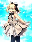  :d ahoge armpits artoria_pendragon_(all) black_legwear blonde_hair blue_eyes breasts cleavage dress fate/grand_order fate/stay_night fate/unlimited_codes fate_(series) gloves open_mouth ponytail saber saber_lily sen_(77nuvola) short_hair small_breasts smile solo 