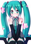  absurdres aqua_eyes aqua_hair blush boots detached_sleeves hatsune_miku headset heart heart-shaped_pupils highres long_hair looking_at_viewer nase necktie open_mouth sitting skirt sleeveless solo symbol-shaped_pupils thigh_boots thighhighs twintails v_arms very_long_hair vocaloid wariza 