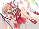  blonde_hair bloomers crystal flandre_scarlet full_body gradient gradient_background hat hat_ribbon looking_at_viewer lunica mary_janes mob_cap open_mouth puffy_sleeves red_eyes ribbon shirt shoes short_hair short_sleeves side_ponytail skirt skirt_set smile socks solo stuffed_animal stuffed_toy teddy_bear touhou underwear vest white_legwear wings 
