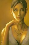  armband bare_shoulders breasts brown_hair cleavage dark_skin earrings green_eyes hoop_earrings jewelry looking_at_viewer medium_breasts necklace resident_evil resident_evil_5 sheva_alomar solo viridian-c 