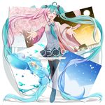  2016 absurdly_long_hair ahoge aqua_hair aqua_neckwear blue_eyes blue_hair boots bottle_miku character_name cherry_blossoms chuushuu_meigetsu_miku closed_eyes dated detached_sleeves fish full_body fusion hagoromo hair_ornament hatsune_miku headphones headset liquid_hair long_hair miniskirt monicanc moon multiple_persona necktie number open_mouth outstretched_arms palms petals pink_hair pleated_skirt revealing_cutout sakura_miku shawl skirt snowflakes snowing solo spread_fingers standing thigh_boots thighhighs twintails very_long_hair vocaloid yuki_miku zettai_ryouiki 