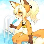  animal_ears bikini blonde_hair eating food fox_ears furry kishibe licking long_hair navel open_mouth original ponytail pool poolside popsicle ribbon sitting soaking_feet solo swimsuit tail tongue tongue_out water yellow_eyes 