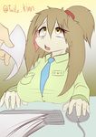  2015 anthro big_breasts breasts brown_hair clothed clothing computer_mouse disembodied_hand english_text female hair hi_res keyboard lagomorph long_hair looking_up mammal necktie office open_mouth paper ponytail rabbit shirt sitting tailzkim tears teeth text yellow_eyes 