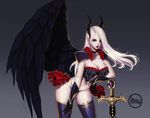 black_wings breasts cleavage collarbone fangs gloves hair_ornament large_breasts leaning_forward lipstick looking_to_the_side makeup mbguman pale_skin pointy_ears red_eyes red_lipstick single_wing skull solo sword thighhighs weapon white_hair wings 
