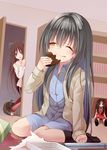  2girls black_hair blindfold blush child chocolate chocolate_heart commentary_request creek_(moon-sky) doll eating heart highres long_hair multiple_girls no_shoes one_eye_closed original valentine yandere youjo_(creek_(moon-sky)) 