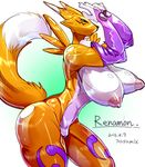  artist_request big_breasts blue_eyes breasts digimon female fingerless_gloves fur furry gloves huge_breasts looking_at_viewer nipples nude renamon sasamix solo white_fur yellow_fur 