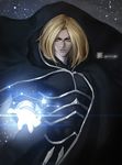  blonde_hair cape gloves highres hood hoodie igniz_(kof) long_hair looking_at_viewer male_focus open_hand open_mouth solo the_king_of_fighters the_king_of_fighters_2001 white_gloves xiaoguimist yellow_eyes 