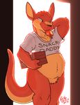  2016 anthro belly blush bottomless clothed clothing english_text featureless_crotch food fur green_eyes kangaroo male mammal marsupial midriff multicolored_fur overweight popsicle red_fur rick_griffin shirt slightly_chubby smile solo standing text two_tone_fur 