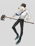  1boy akaashi_keiji belt black_hair haikyuu!! male_focus mop sneakers solo standing suit tie 