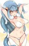  arms_up blue_hair breasts cephalopod_eyes covered_nipples elbow_gloves extra_eyes gloves hat kamaboko_(ossann0125) large_breasts long_hair lowleg lowleg_panties monster_girl navel original panties pasties skindentation solo squid_hat tentacle_hair thigh_gap thighhighs underwear very_long_hair yellow_eyes 