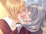  2girls bisexual_(female) blonde_hair blush censored chin_grab eye_contact fellatio ffm_threesome game_cg green_eyes grey_hair group_sex hair_between_eyes long_hair looking_at_another mochizuki_nozomu mosaic_censoring multiple_fellatio multiple_girls oral penis purple_eyes reika_mizuki saimin_class_wonderful school_uniform short_hair threesome tongue tongue_out yuzuki_kei_(saimin_class) 