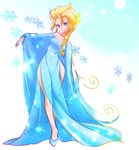  bad_id bad_pixiv_id bare_shoulders blonde_hair blue_dress blue_eyes blue_footwear braid breasts crossed_legs detached_sleeves dress elsa_(frozen) frozen_(disney) hair_over_shoulder light_smile long_hair marimo_(yousei_ranbu) outstretched_arm shoes side_slit single_braid small_breasts snowflakes solo standing wide_hips wide_sleeves 