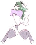  blush bulge canine ciel_(wataameron) clothed clothing clothing_lift crouching digitigrade fur girly green_hair hair kneeling legwear long_hair male mammal noremaataw panties shirt shirt_lift simple_background solo stockings thick_thighs thigh_highs underwear undressing white_background white_fur wolf 