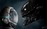  2014 alien alien_(franchise) ambiguous_gender big_teeth breasts chitin duo ellen_ripley eye_contact female gradient_background hair human interspecies mammal not_furry open_mouth reillyington86 saliva simple_background spacesuit xenomorph 